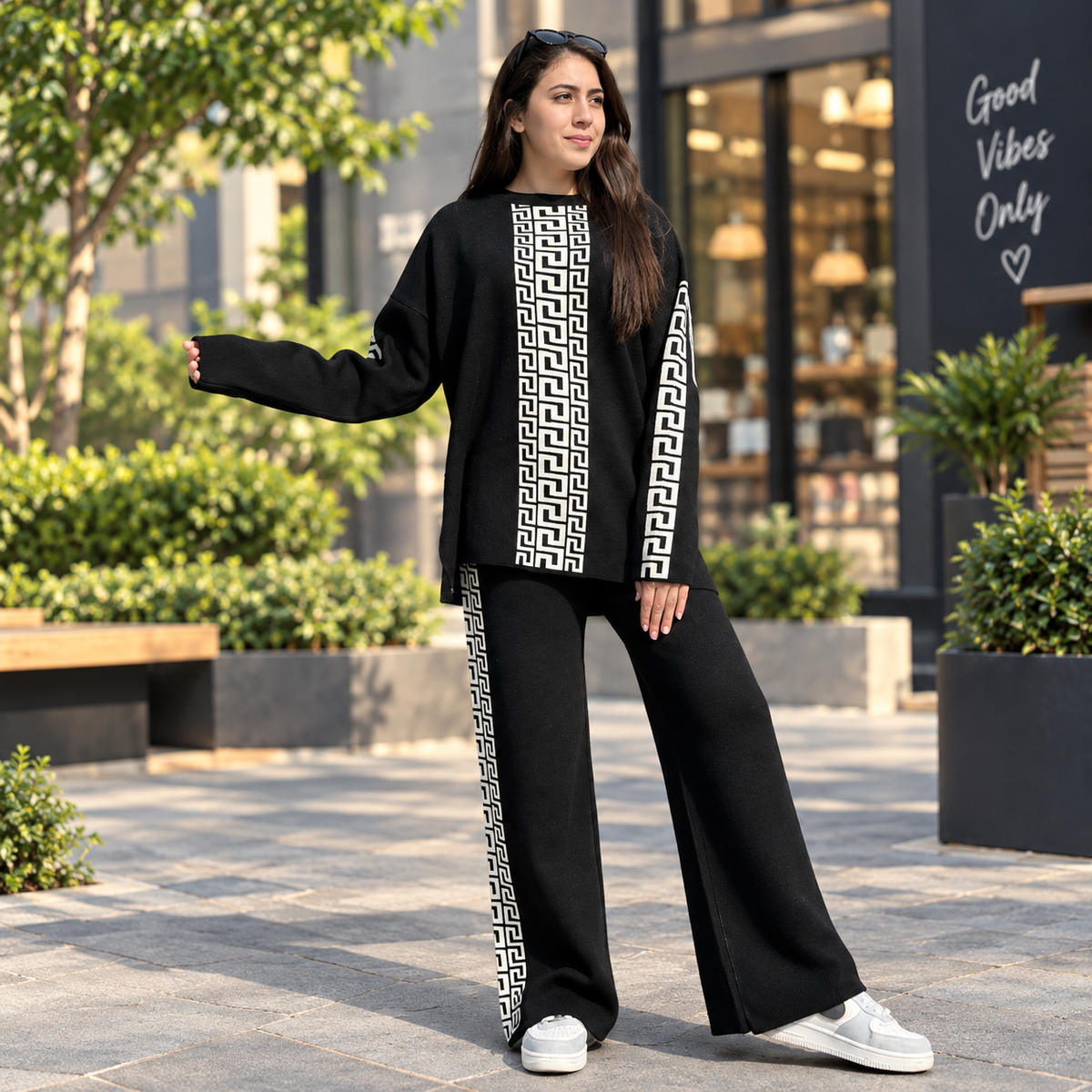 Women’s Black Knit Co-Ord Set | Greek Key Sweater & Wide-Leg Pants