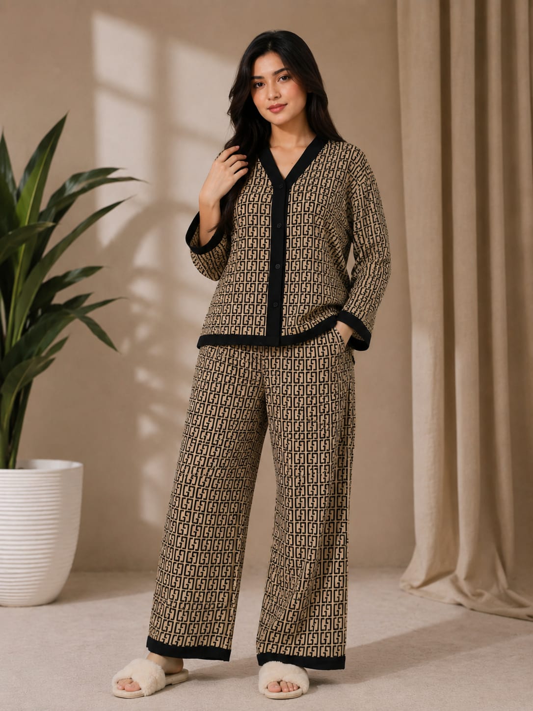 A woman stands indoors wearing a matching two-piece knit pajama set with an allover geometric monogram pattern in beige and black, featuring black trim on the cardigan and pants. She is wearing white slippers in a softly lit room with beige curtains, a potted plant, and warm natural shadows.