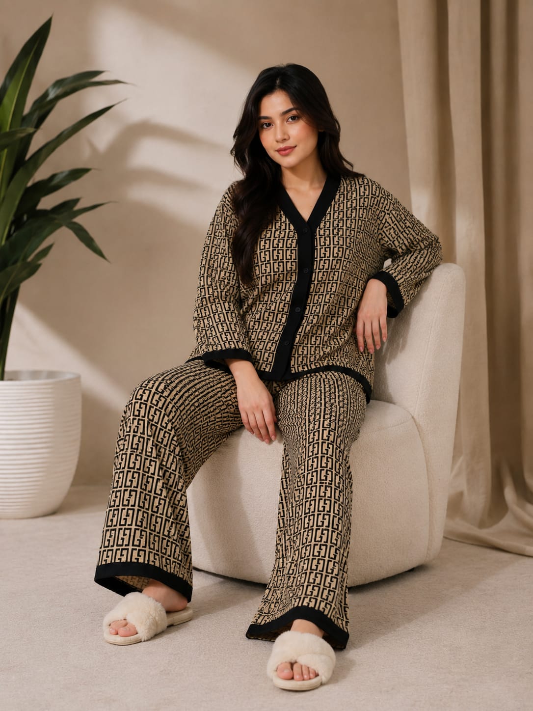 A woman sits on a cream-colored armchair wearing a matching beige and black patterned pajama set with black trim, paired with fluffy white slide sandals in a warm, neutral-toned room.