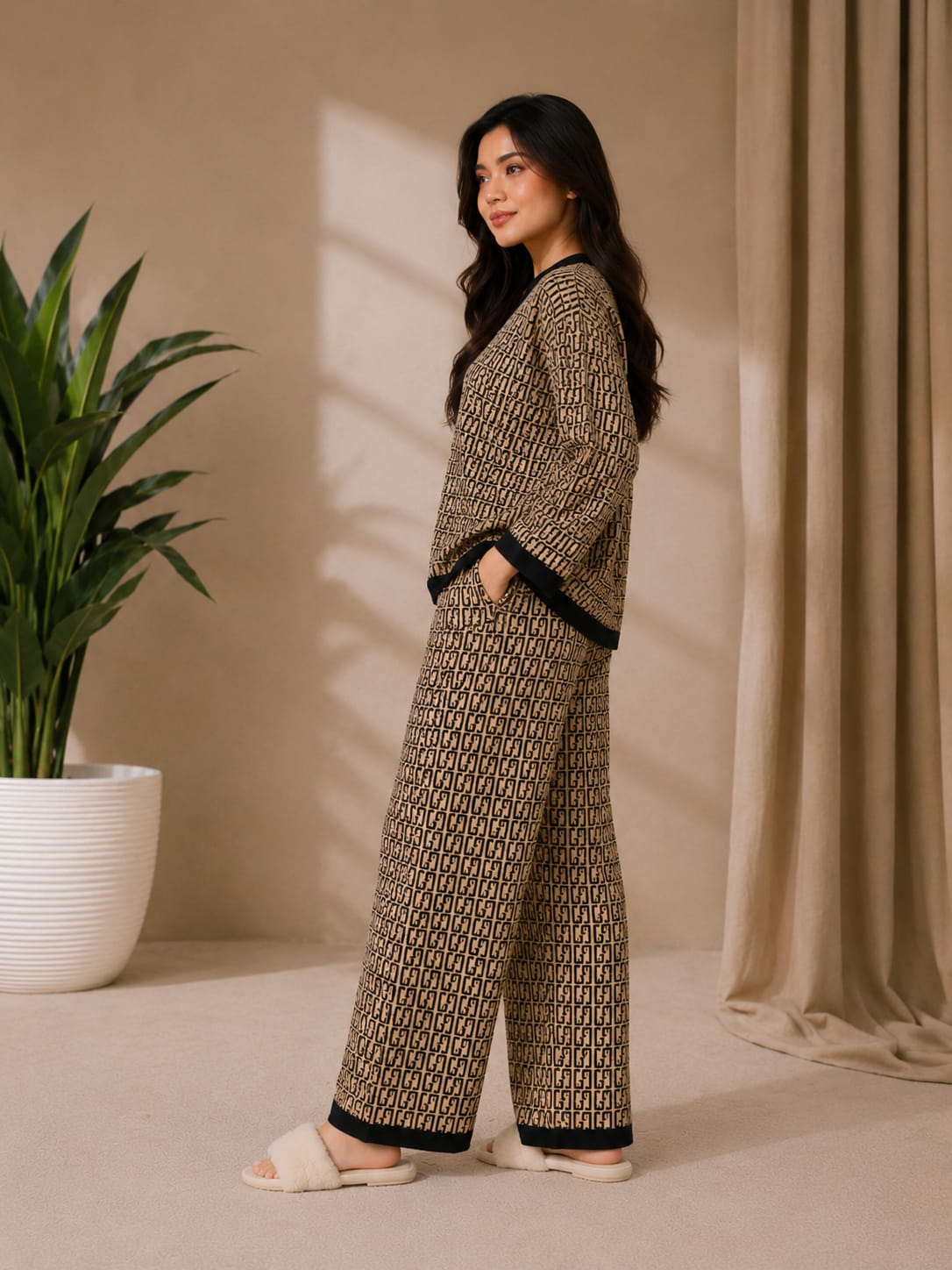 Women's Monogram Knit Loungewear Set – Beige & Black