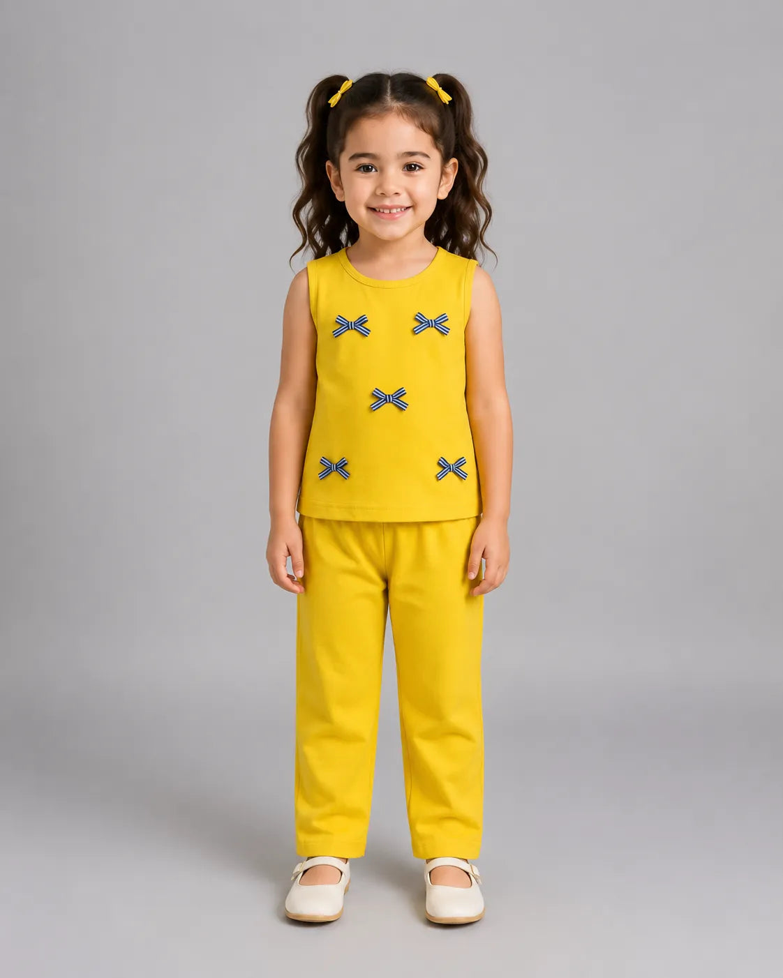 A young girl with dark curly hair in pigtails stands against a light gray studio background wearing a bright yellow sleeveless top and matching yellow pants, both decorated with small blue bow motifs. She is wearing white Mary Jane shoes.
