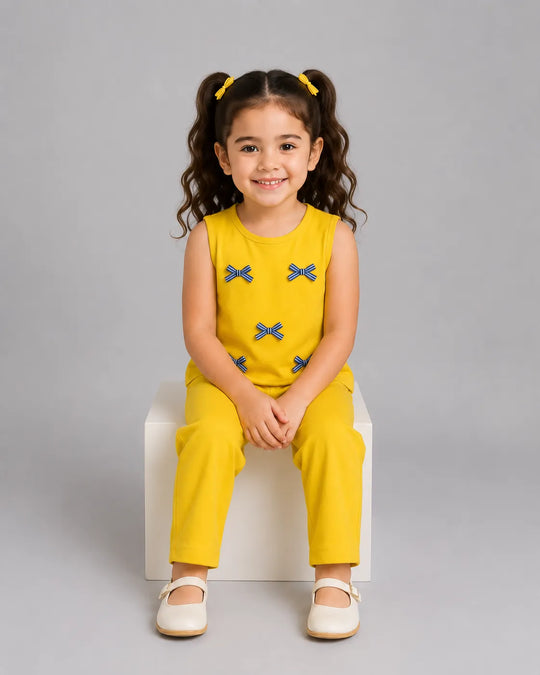 A young girl with curly brown hair in pigtails sits on a white block, wearing a bright yellow sleeveless top and matching pants with small blue bow details, paired with white shoes, against a solid gray background.
