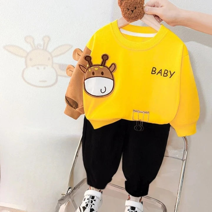 Yellow Cow Printed Sweatshirt with black trouser Trendy Kids Winter Tracksuit