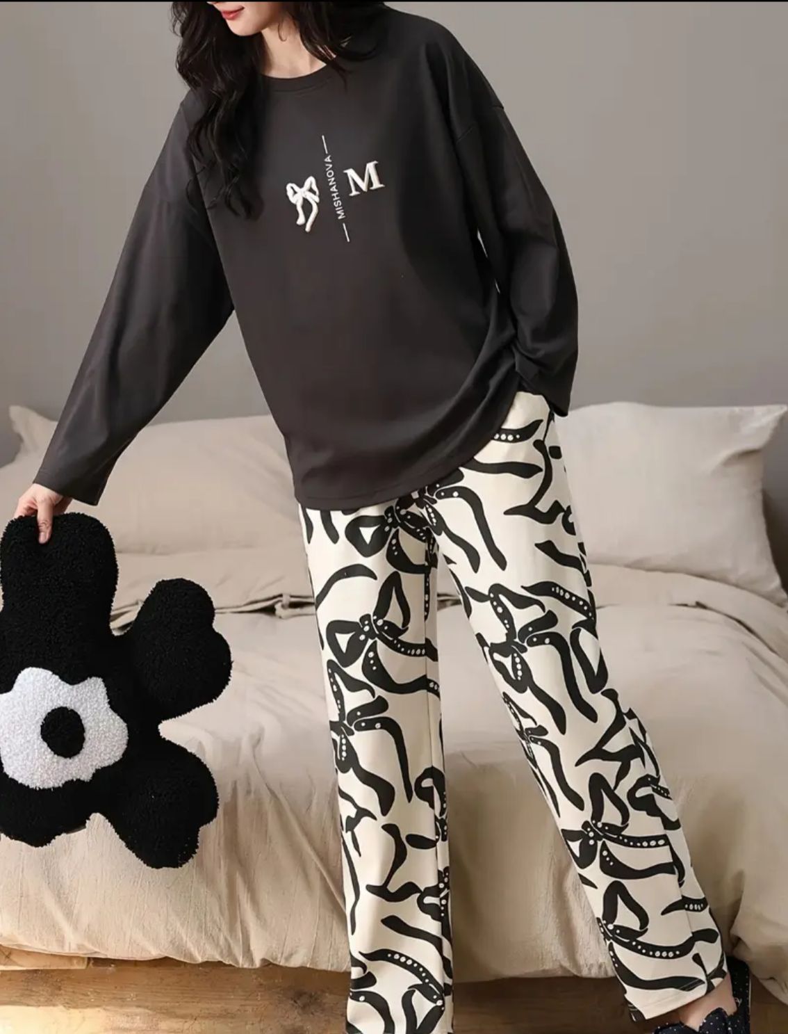 Black Ribbon Printed Full Sleeves Shirt with Off White Printed PJ