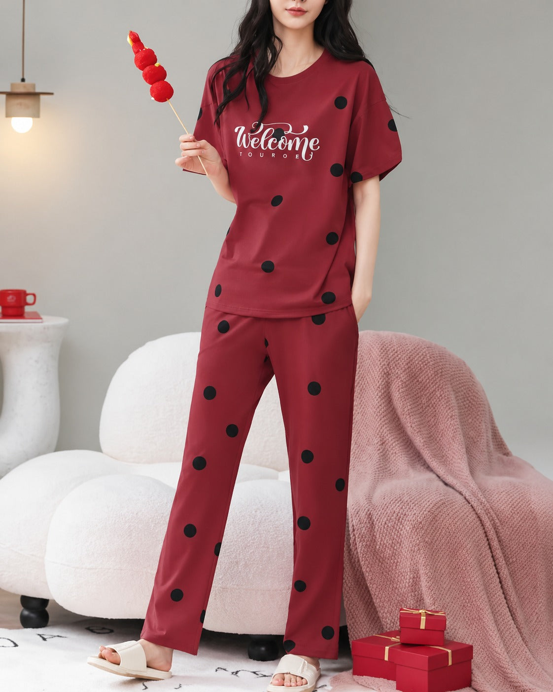 Red Welcome Printed Half Sleeves Tshirt with Pajama