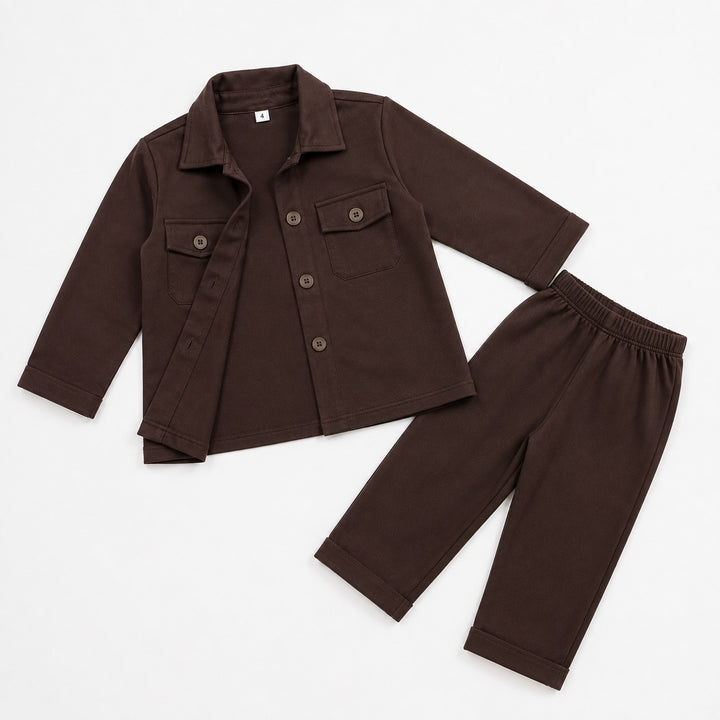 Kids Stylish Button-Up Co-Ord Set – Chocolate Brown
