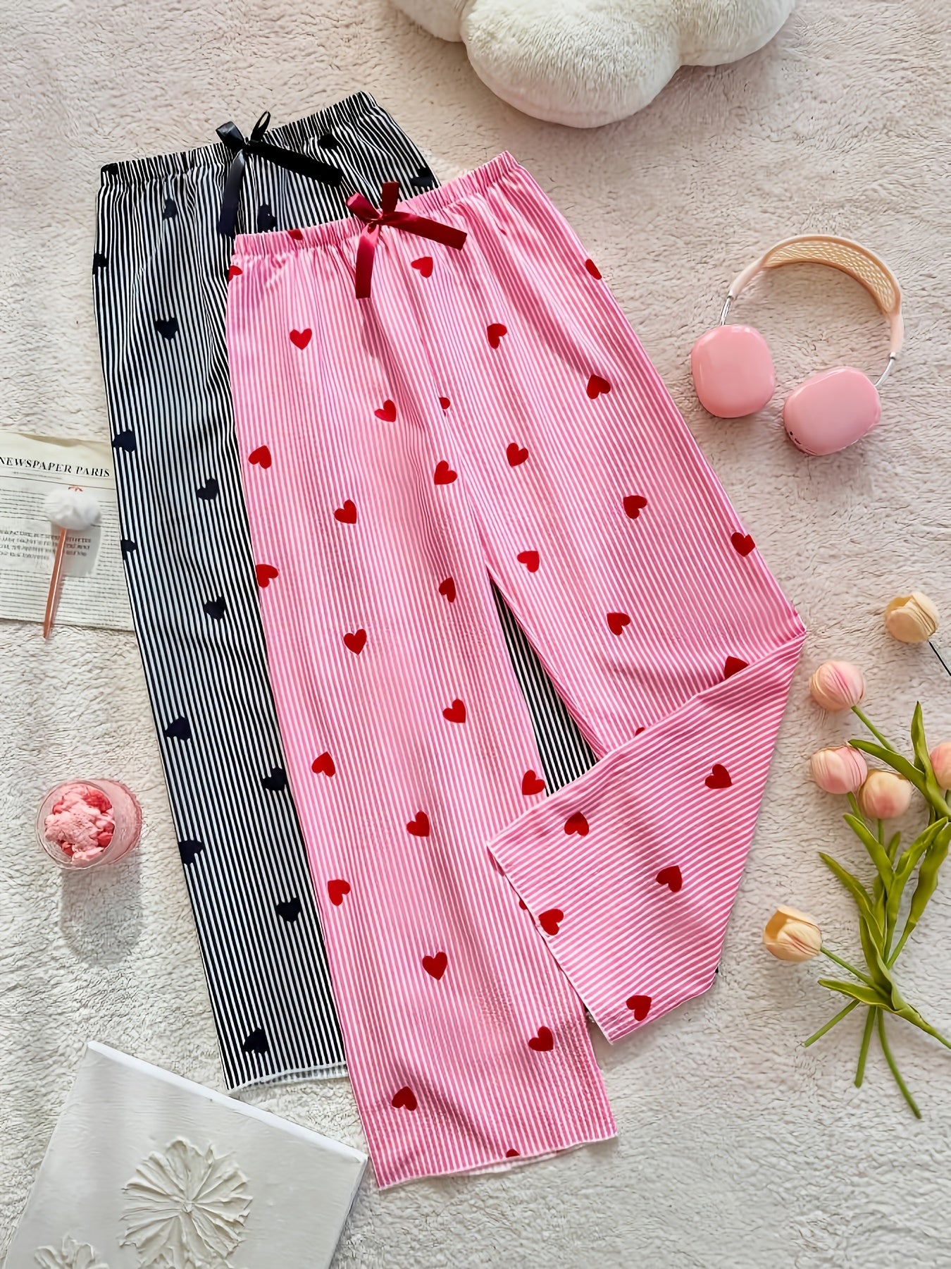 Pack of 2 Black And Pink Lining Hearts Printed Plazzo Set