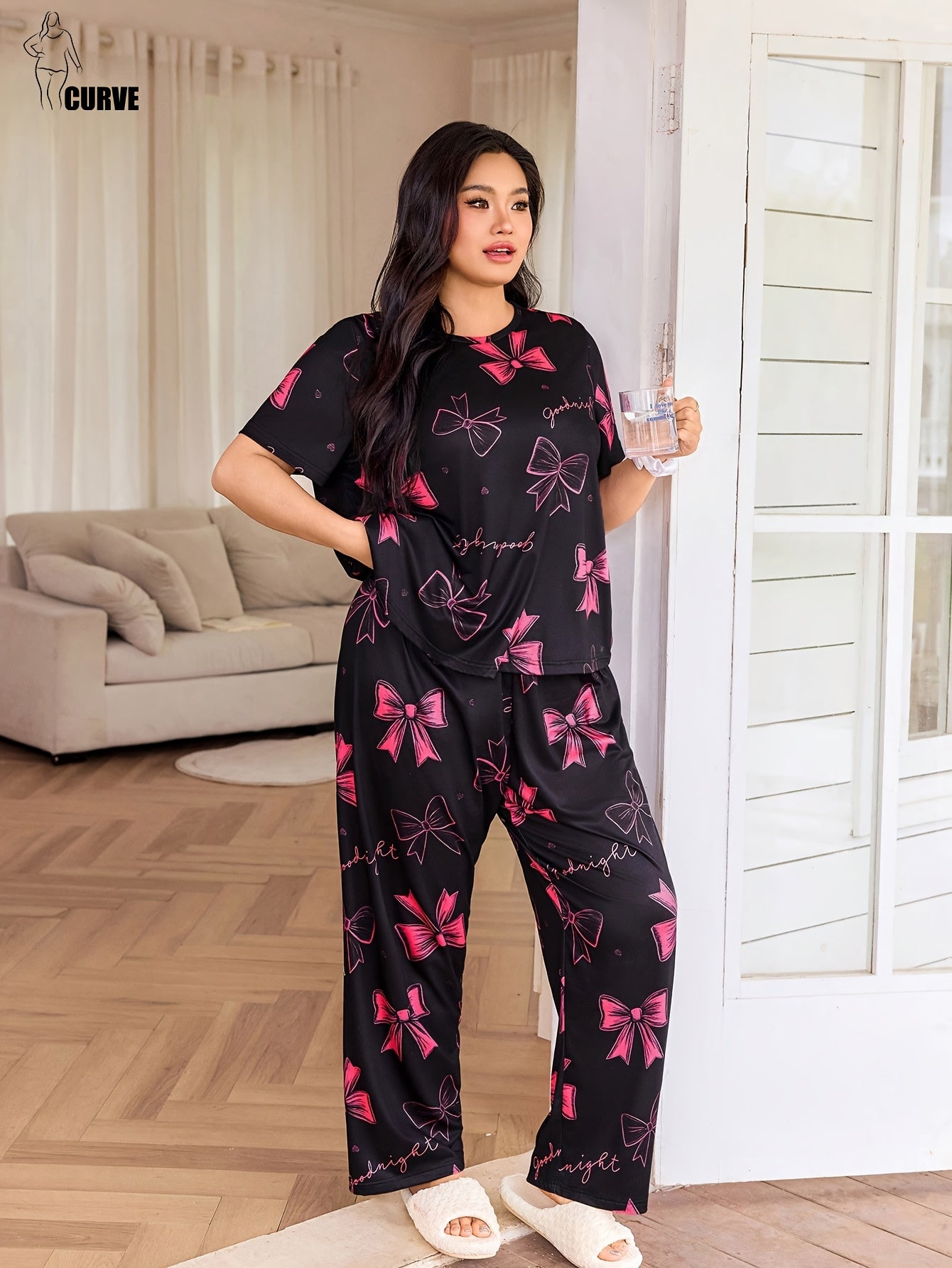Black with Pink Bow Printed Half Sleeves