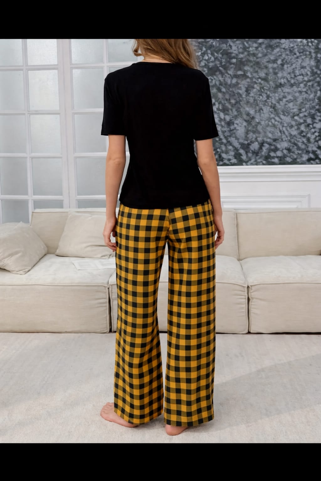 Black Los Angeles California Print Half Sleeves with Check Trouser