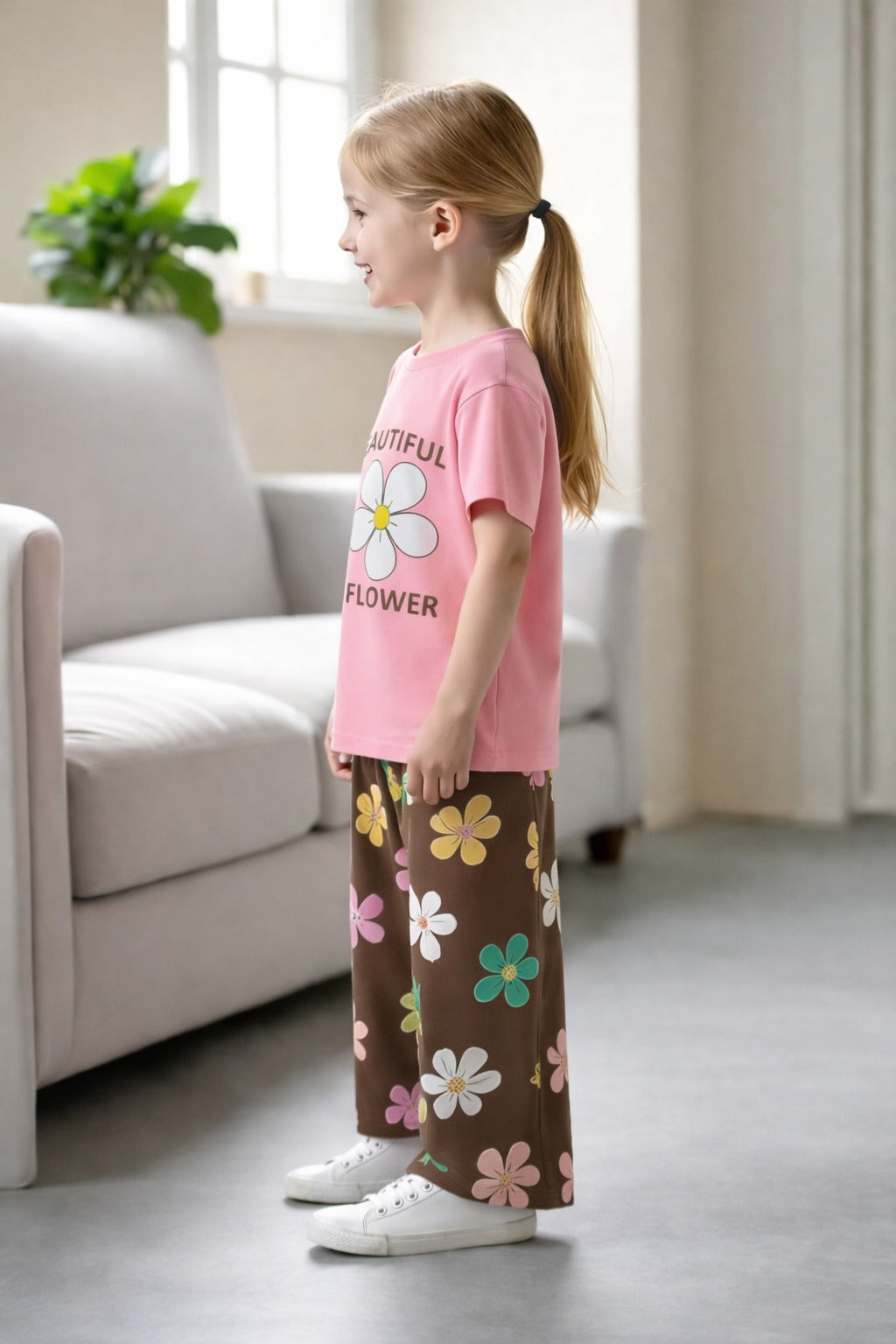 Pink Multicolour Big Flower T shirt with Brown Flowers