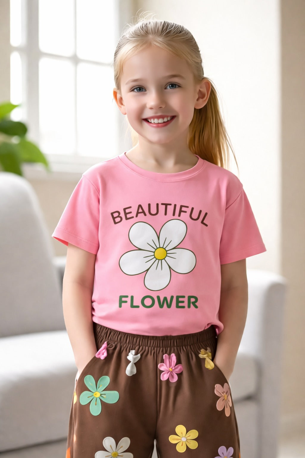 Pink Multicolour Big Flower T shirt with Brown Flowers