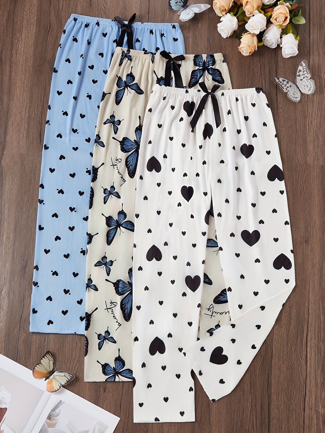 Pack of 3 Multi Printed Palazzo Pajamas (Sky Blue, Off White, White)