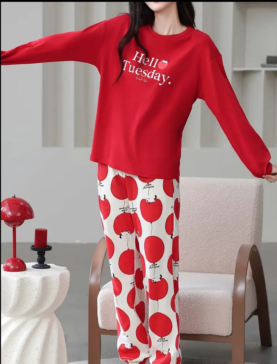 Red Hello Tuesday Printed Full Sleeves Pj