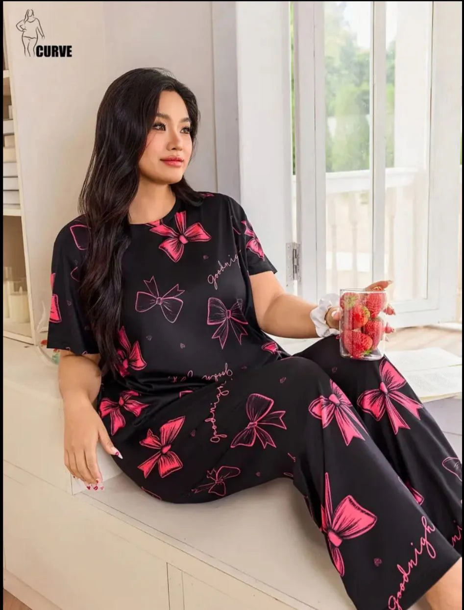 Black with Pink Bow Printed Half Sleeves