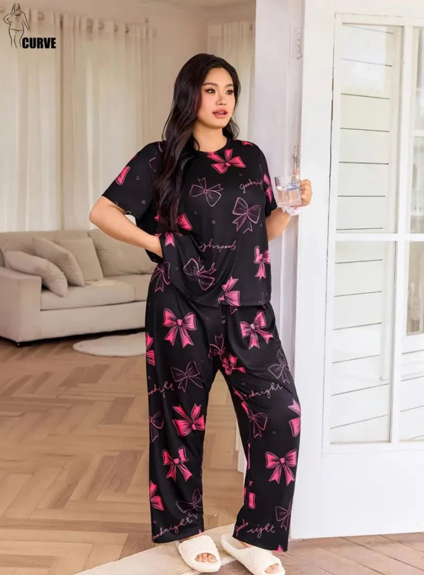 Black with Pink Bow Printed Half Sleeves