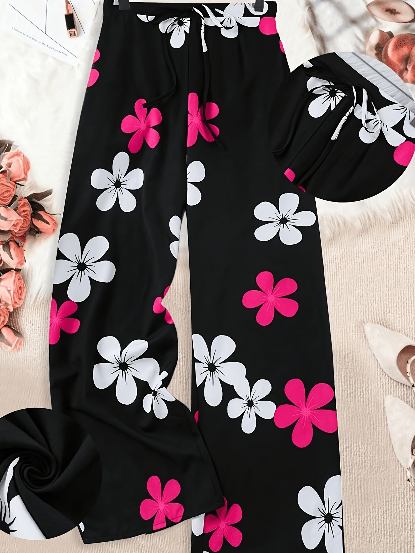 Plus Size, Vacation-style Floral Print Elastic Waistband Loose-fitting Casual Pants