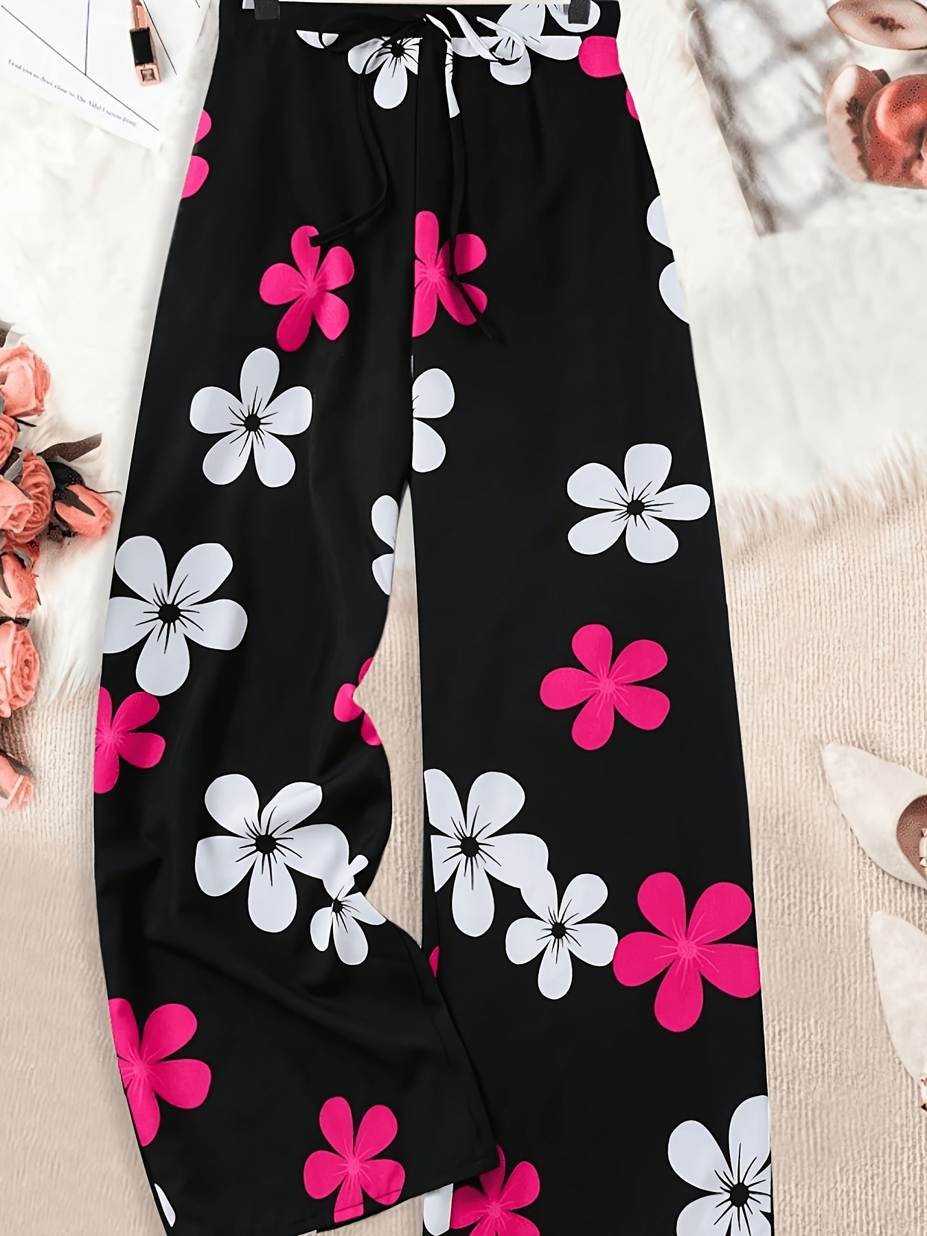 Plus Size, Vacation-style Floral Print Elastic Waistband Loose-fitting Casual Pants