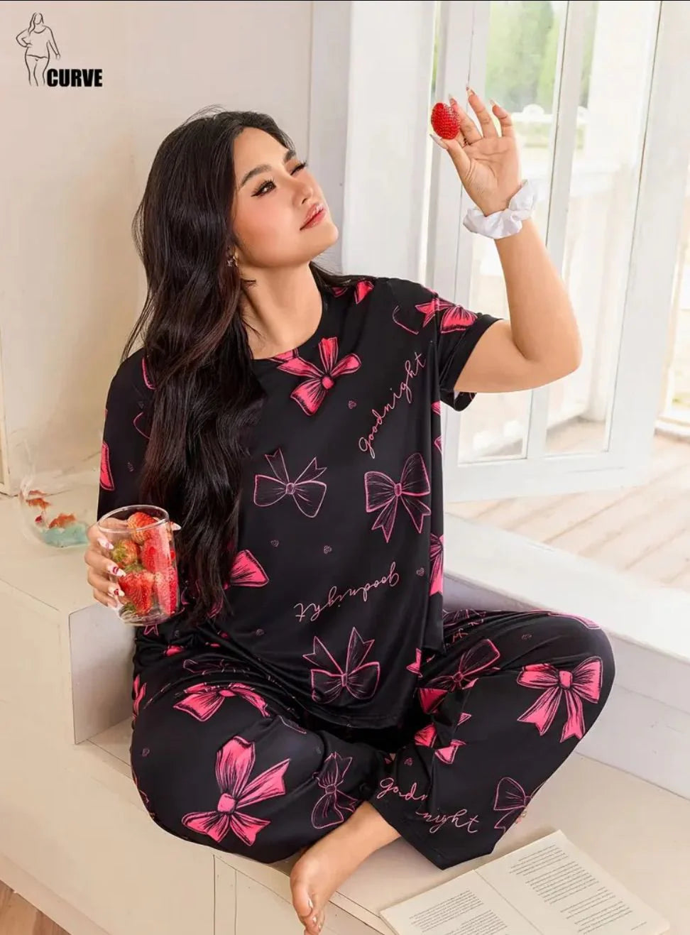 Black with Pink Bow Printed Half Sleeves