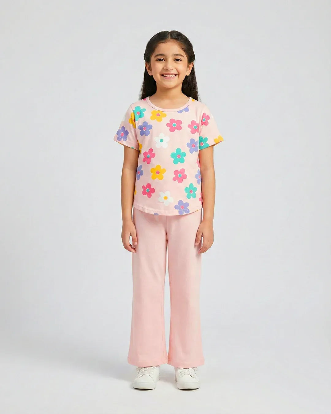 Blossom Breeze Girl Floral Top & Pink Flare Pants Set