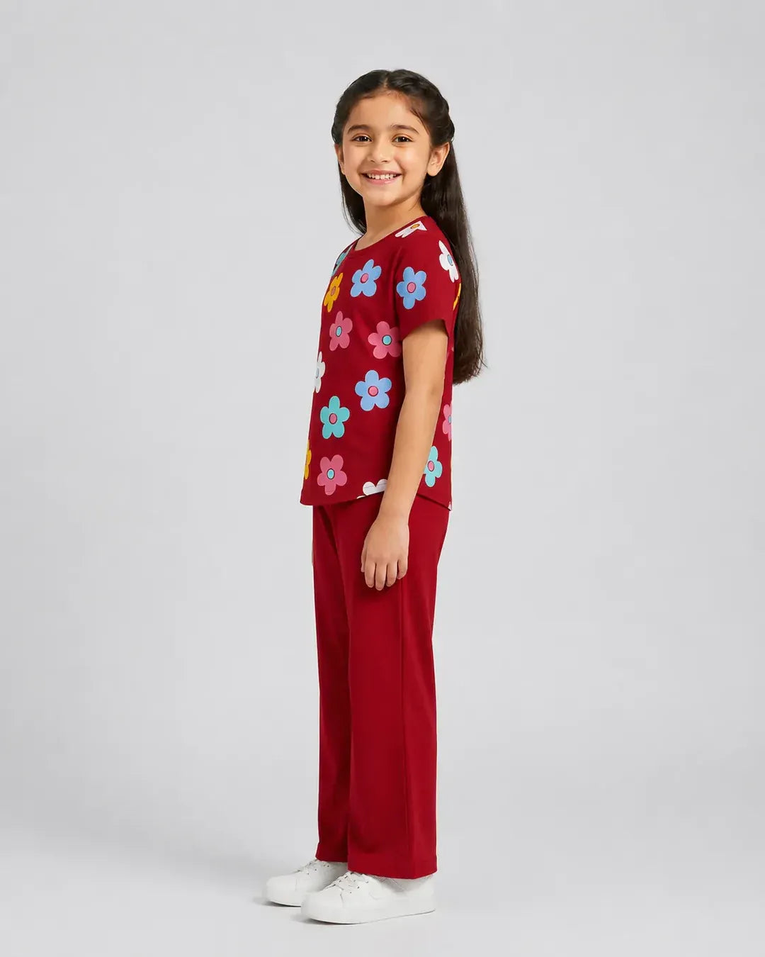 Blossom Charm Girls Floral Tops & Red Flare Pants Set