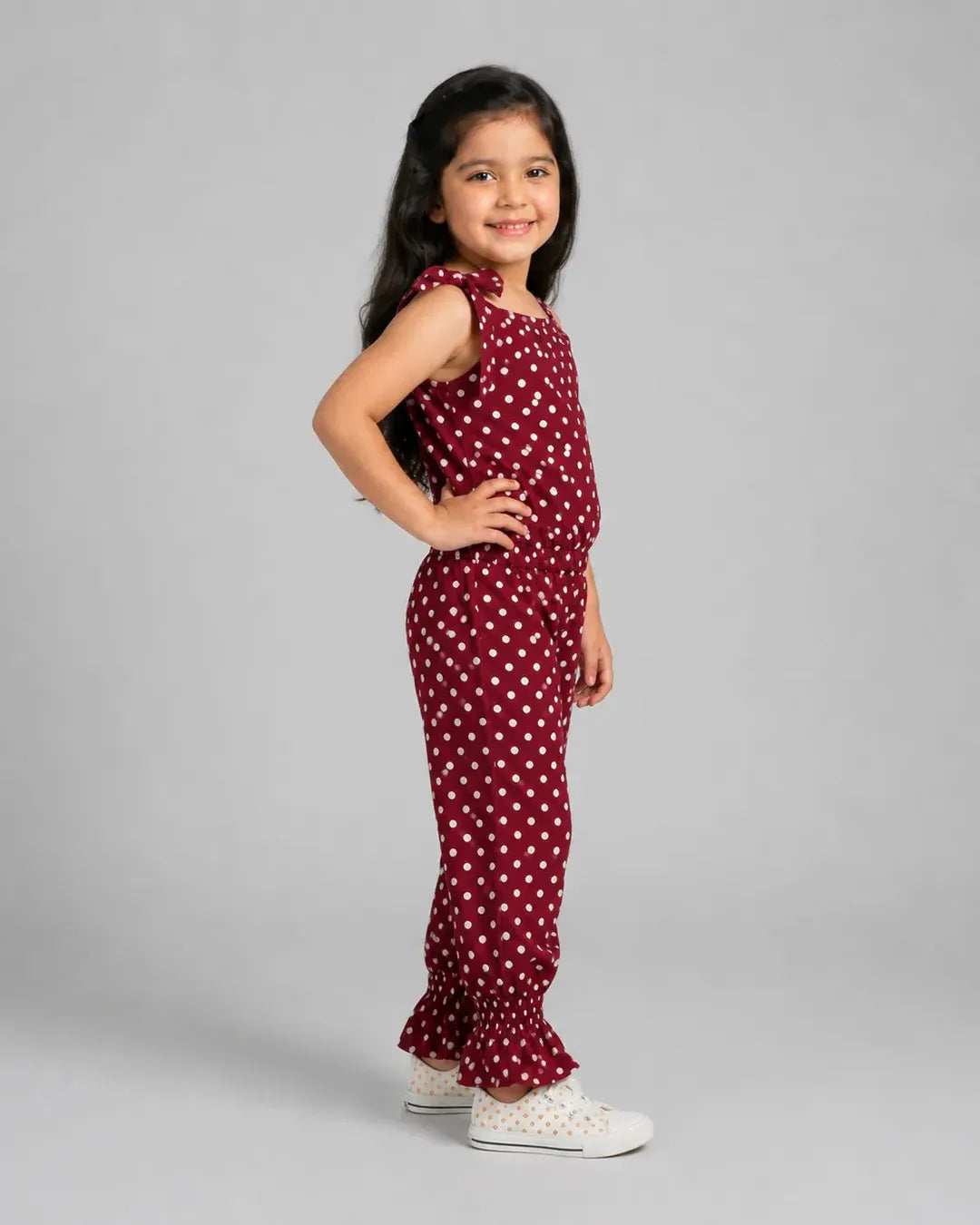 Gilrs Maroon Polka Dot Sleeveless Jumpsuit