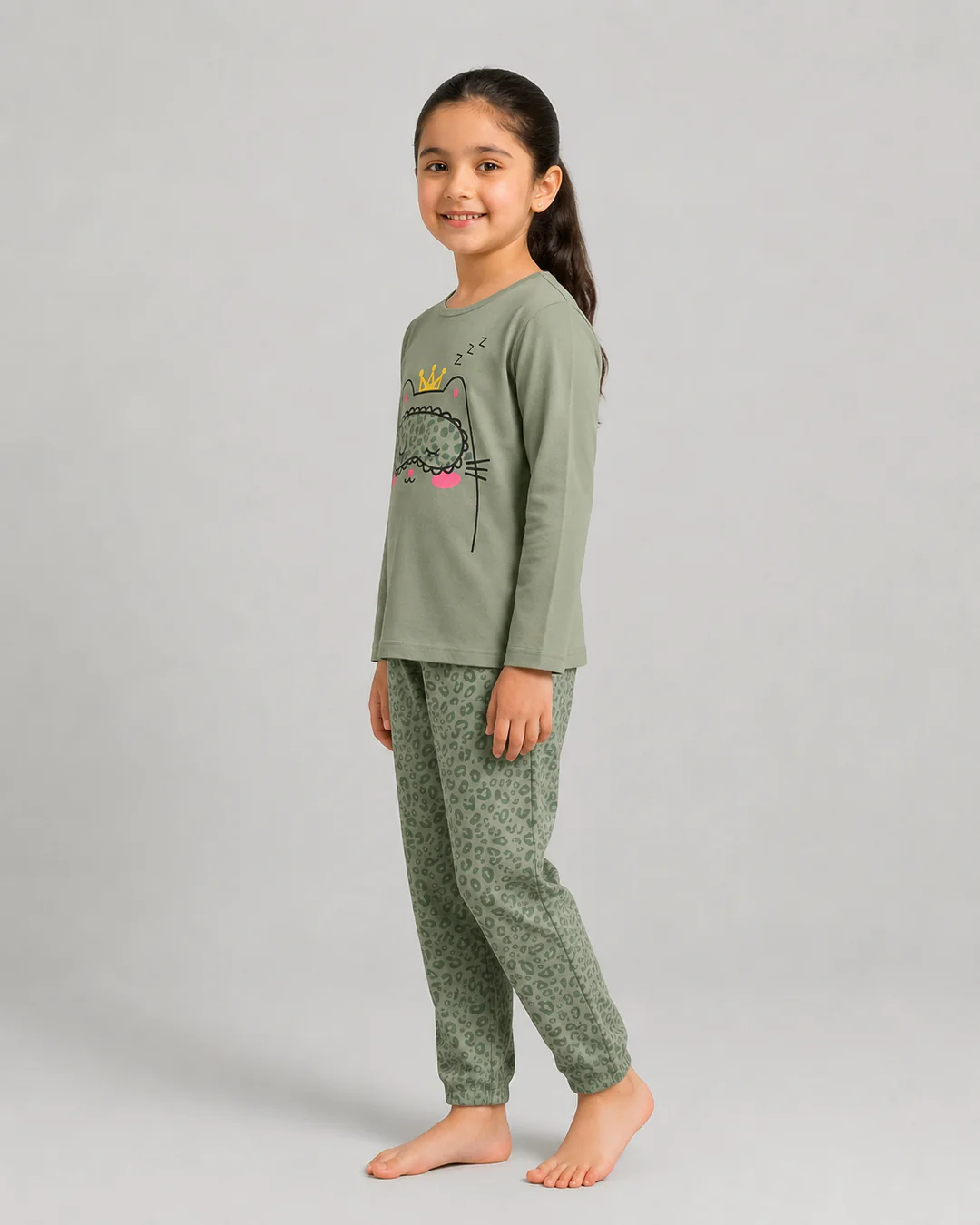Green Sleepy Cat Pajama Set