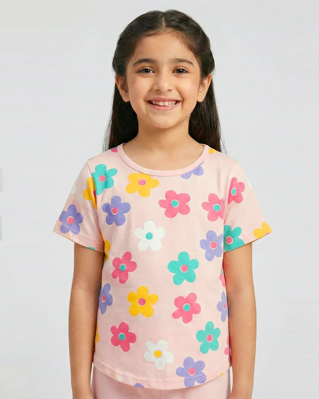 Blossom Breeze Girl Floral Top & Pink Flare Pants Set