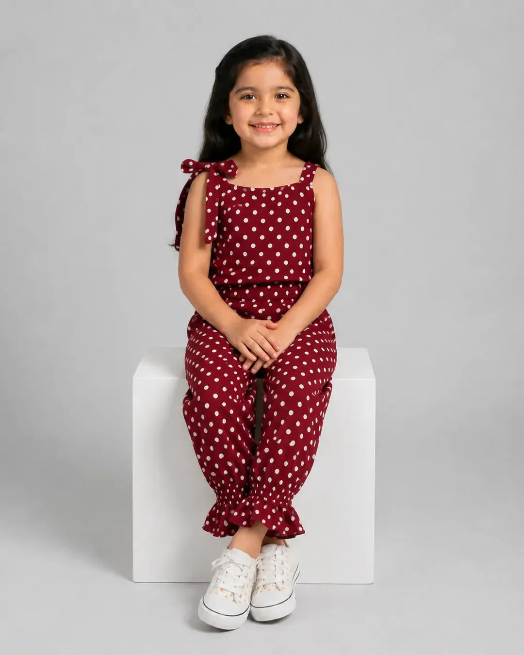Gilrs Maroon Polka Dot Sleeveless Jumpsuit