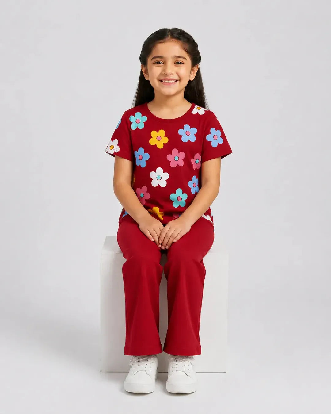 Blossom Charm Girls Floral Tops & Red Flare Pants Set