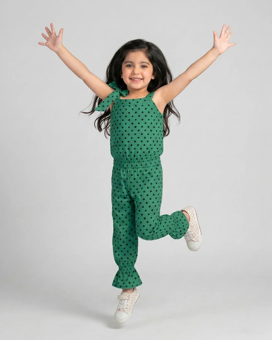 Girls Green Polka Dot Sleeveless Jumpsuit