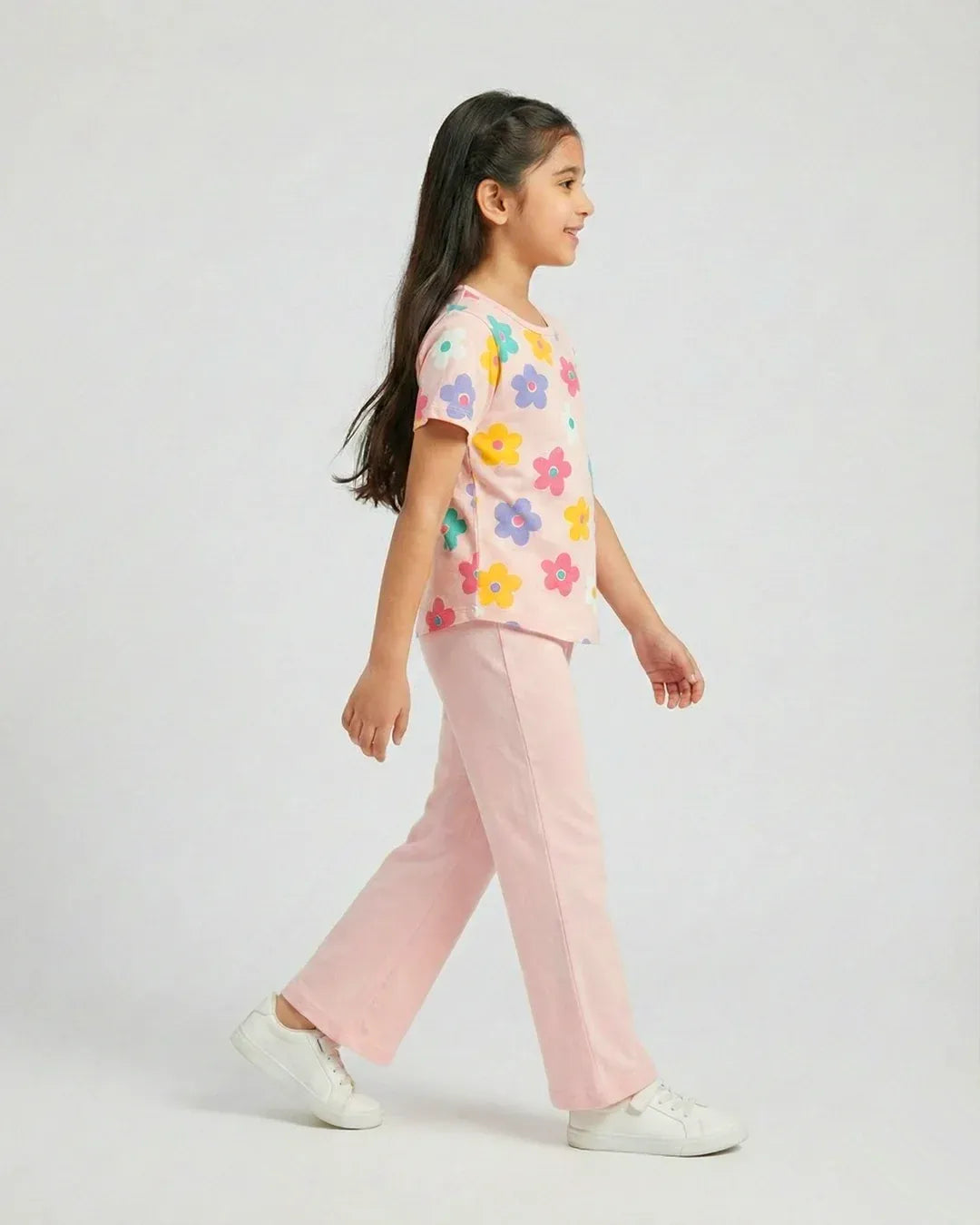 Blossom Breeze Girl Floral Top & Pink Flare Pants Set