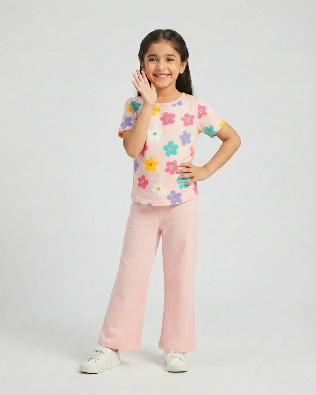 Blossom Breeze Girl Floral Top & Pink Flare Pants Set