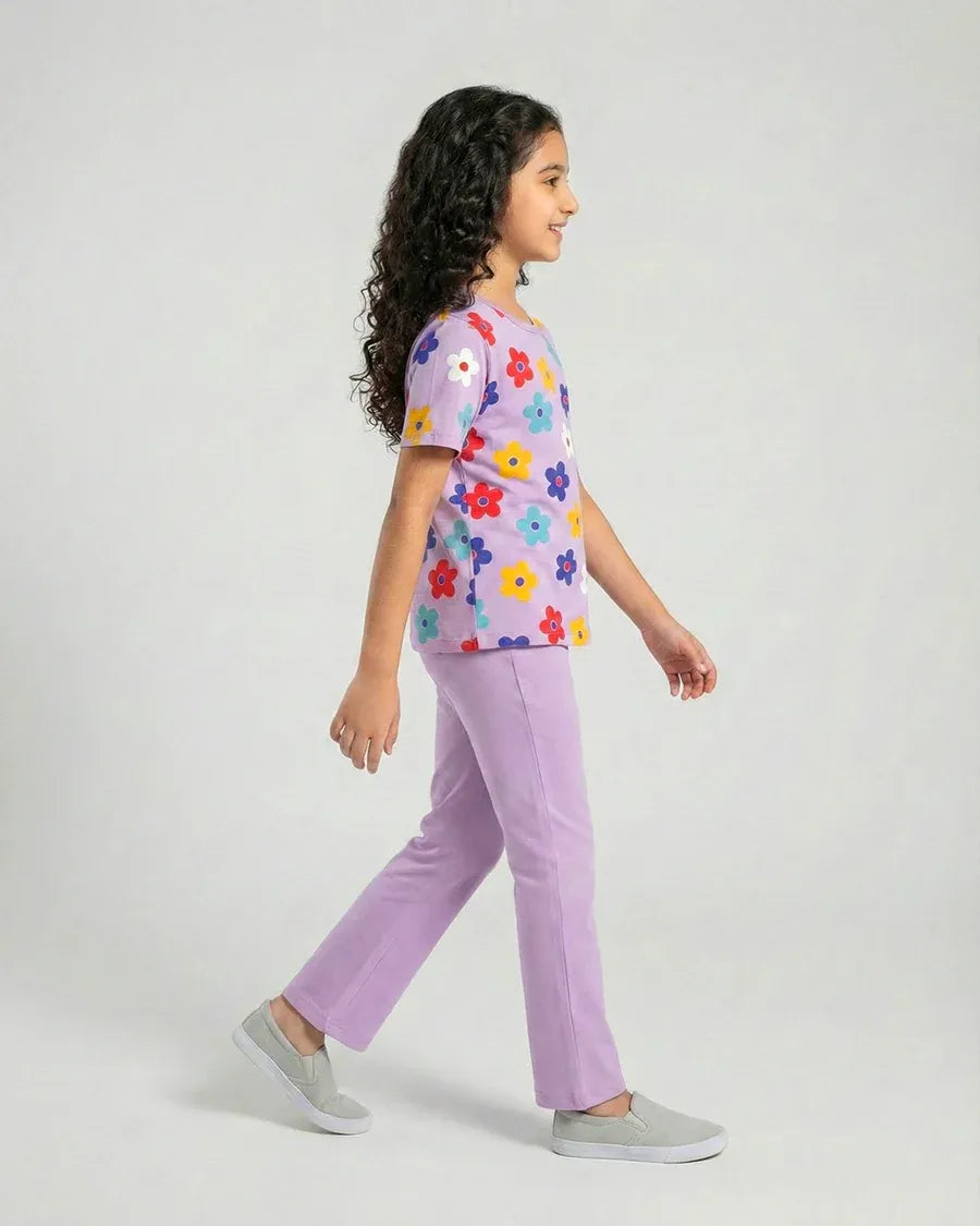 Blossom Dream Girls Floral Top & Purple Flare Pants Set