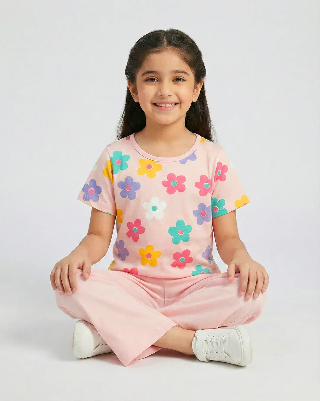 Blossom Breeze Girl Floral Top & Pink Flare Pants Set