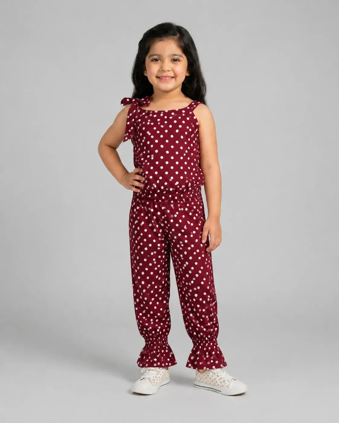 Gilrs Maroon Polka Dot Sleeveless Jumpsuit