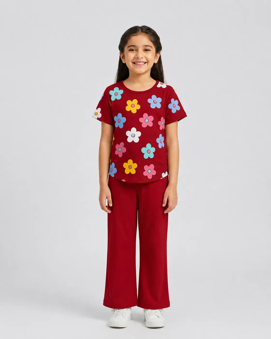 Blossom Charm Girls Floral Tops & Red Flare Pants Set