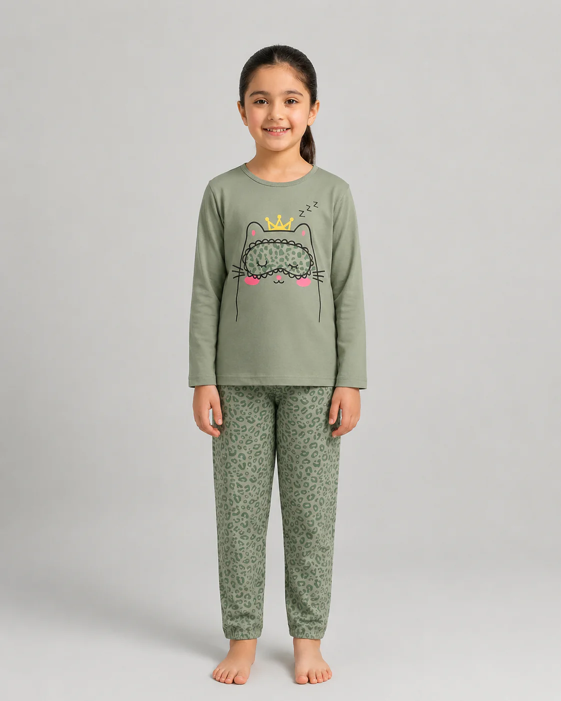 Green Sleepy Cat Pajama Set