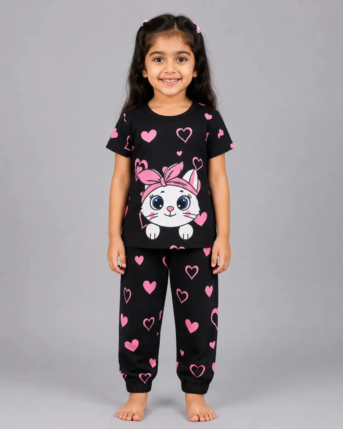 Black Kitty With Pink Hearts Printed Kids Suit