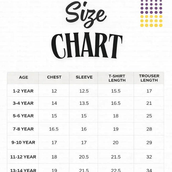 A size chart table with columns for Age, Chest, Sleeve, T-Shirt Length, and Trouser Length, headed by large black text reading 'Size CHART' on a white background.