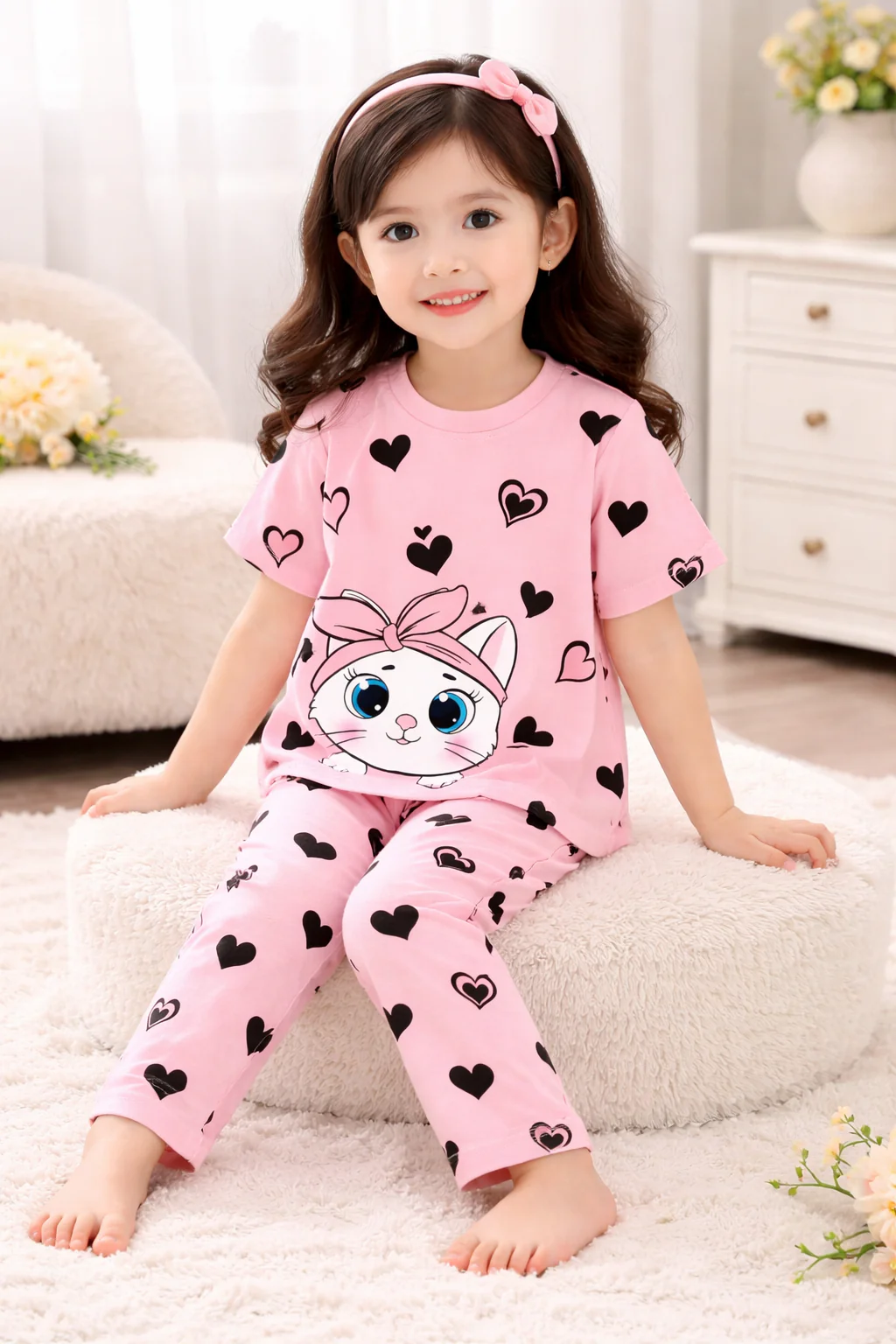 Pink Kitty with Black Hearts Printed Kids Suit